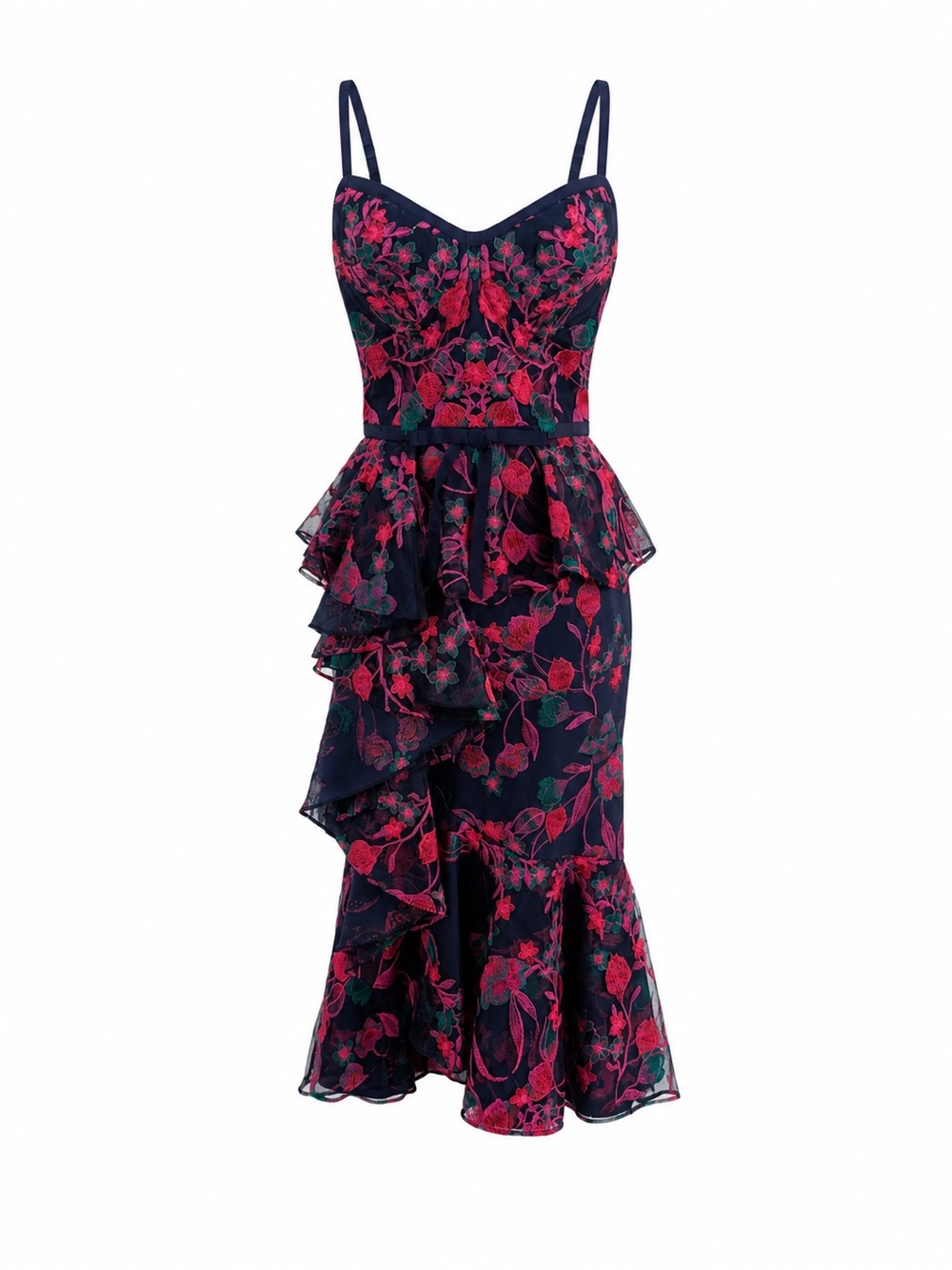 Marchesa Notte Navy Midi Peplum Dress with Fuchsia Floral Lace Sz 0